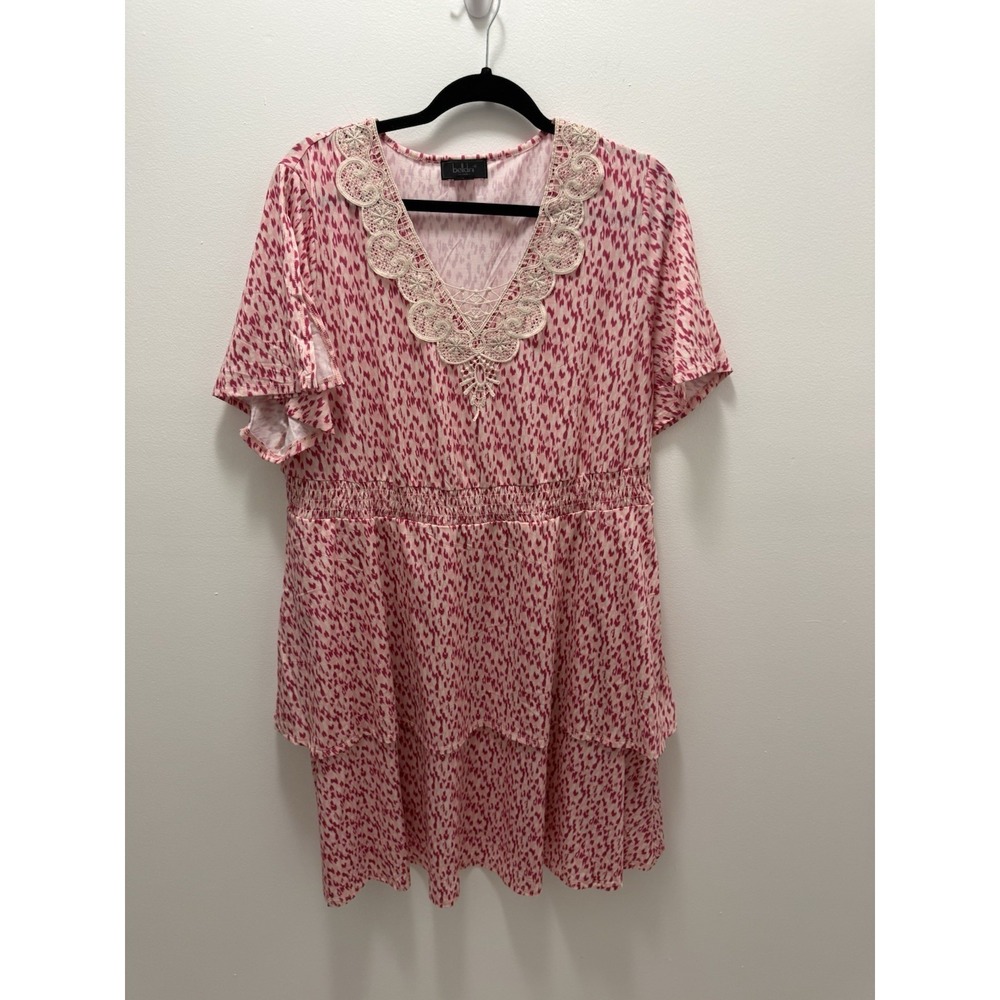 Bellini Pink Abstract Animal Print Tiered Dress‎ Size 2X Lace Trim